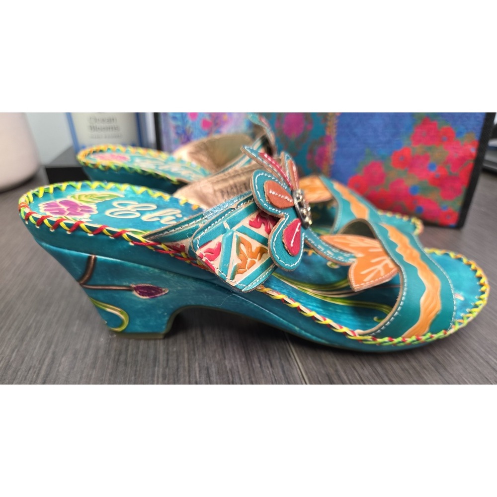 Corkys Elite Wedge Sandals Women 8 Turquoise Leather Slip On Floral Shoes - Picture 4 of 9